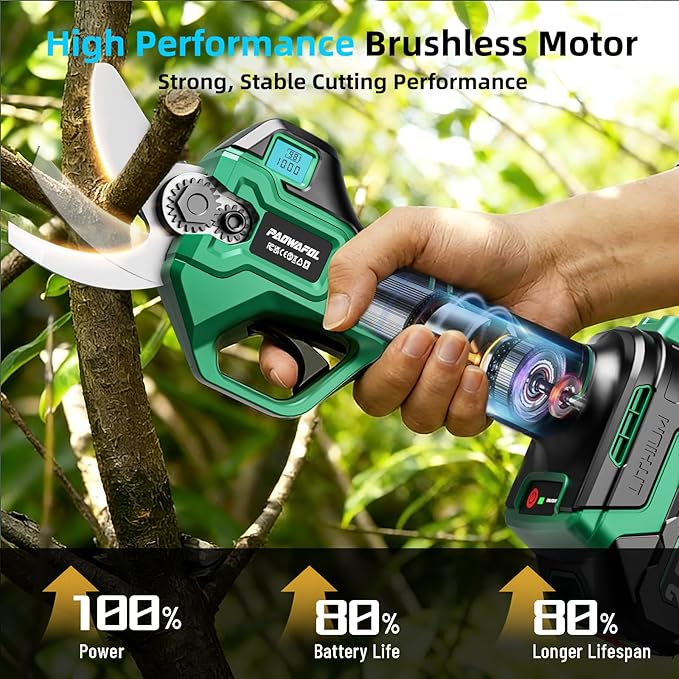 2.5“/64mm Electric Pruning Shears, Upgraded Cordless Electric Scissors, with Brushless Motor | Dual 2.0Ah Battery | Sk7 Blade | LCD Display for Heavy-Duty Garden, Orchard & Branch Cutter
