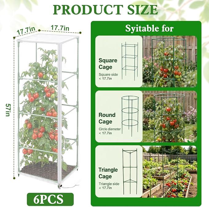 6 Pcs Tomato Netting for Garden Protection, 57" X 17.7" X 17.7" Square Tomato Cage Insect Barrier Plant Netting Mesh Cover with Zipper & Drawstring, for Vertical Climbing Plants Vegetables Fruits