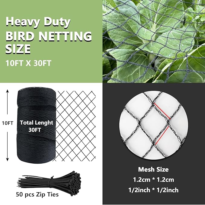Bird Netting for Garden 10 x 30 FT Heavy Duty Black Garden Netting for Fruit Trees, Chicken Coop, Pond, Blueberry Bushes, Poultry & Deer Netting, HDPE Plant Protection Net Fence with Ties