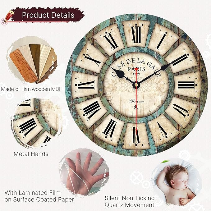 VIKMARI 14 Inch Wooden Wall Clock Battery Operated Retro Rustic Decorative Clock