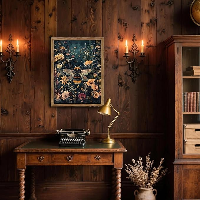 Vintage Framed Wall Art Bee Canvas Prints, Dark College Animals Flowers Wall