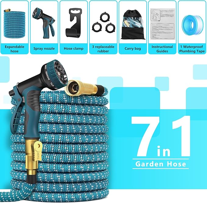 50 ft Expandable Garden Hose - 2026 Newly No-Kink 5 Layer Latex Core Water Hose with 10-Pattern Nozzle, Flexible, Lightweight, Leak-Free, 3/4” Solid Brass Fittings, 3750D Retractable Expanding Hose