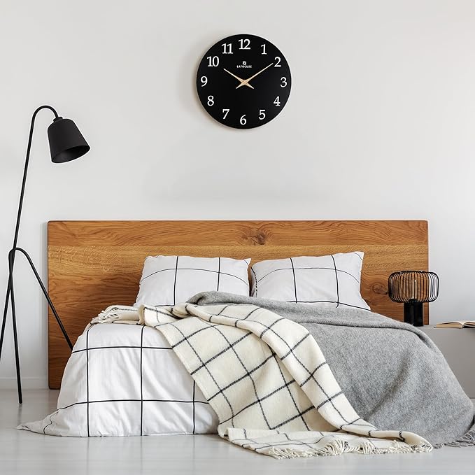 Lafocuse 12 Inch Wooden Black Wall Clock Battery Operated Silent Non-Ticking