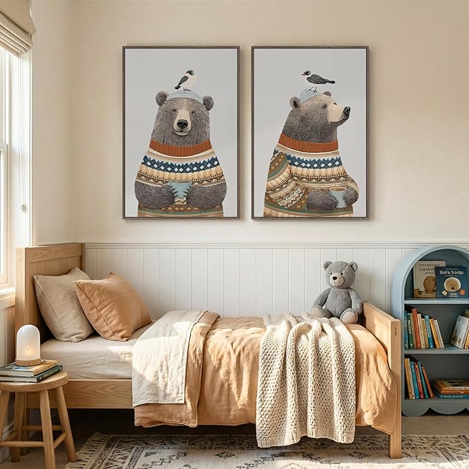 Framed Boho Animal Wall art for Nursery Decor, 2 Piece Rustic Bird Bear Canvas