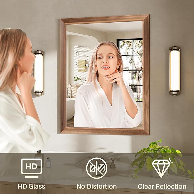 24x32 Inch Bathroom Mirror for Wall, Anti-Rust Walnut Wood Grain Metal Framed