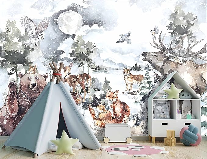 Boys or Girls Cartoon Watercolor Animals wallpeper Nursery Kids Bedroom wall