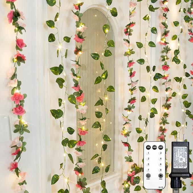 suddus 300 LED Artificial Flower Garland Pothos Vines Curtain Lights, Rose