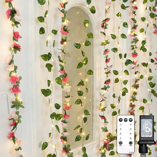 suddus 300 LED Artificial Flower Garland Pothos Vines Curtain Lights, Rose