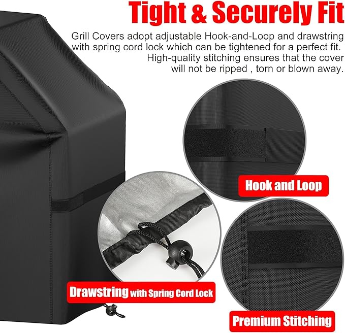 BBQ Grill Cover, Waterproof, Weather Resistant, Rip-Proof, Anti-UV, Fade Resistant, with Hook-and-Loop Straps, Gas Grill Cover for Most Grills, 55 inch, Black