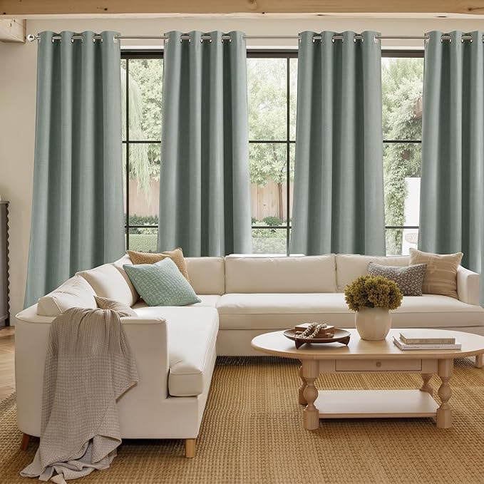 NICETOWN Sage Green Faux Linen Room Darkening Rod Pocket Curtains 63 inch Length