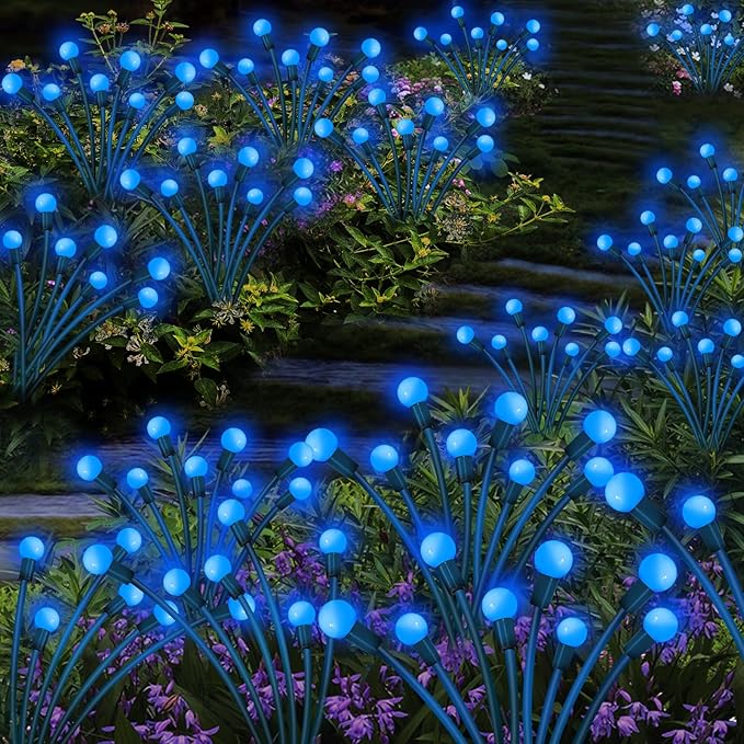 Kohlrabi Solar Garden Lights Outdoor, 4 Pack 32 LED Solar Blue Firefly Lights Waterproof, Starburst Wind Swaying Light for Outside Yard Patio Planter Flower Bed Walkway Christmas Decoration