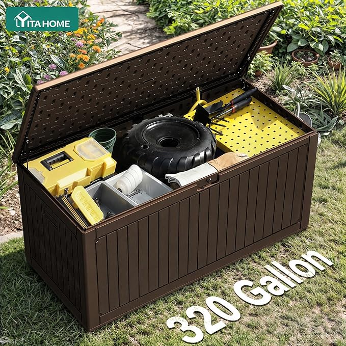 YITAHOME 320 Gallon Double-Wall Deck Box with Divider & Side Handles, Outdoor Large Storage for Patio Furniture Cushions, Garden Pool Accessories, Water Resistant & Lockable, Dark brown
