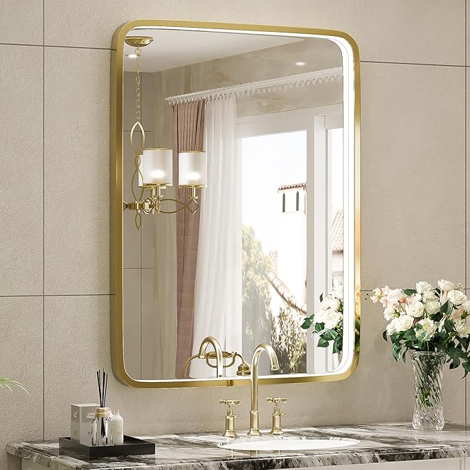 20X28 Inch Framed LED Lighted Bathroom Mirror, Wall Mounted Gold Metal Vanity