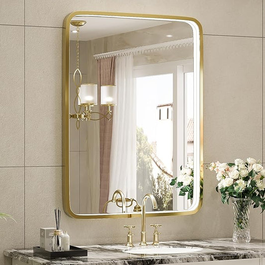 20X28 Inch Framed LED Lighted Bathroom Mirror, Wall Mounted Gold Metal Vanity