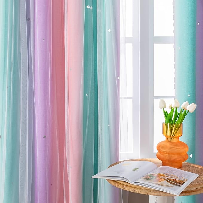 XiDi Curtains for Bedroom Decor, Rainbow Pink Purple Green 34/79/1
