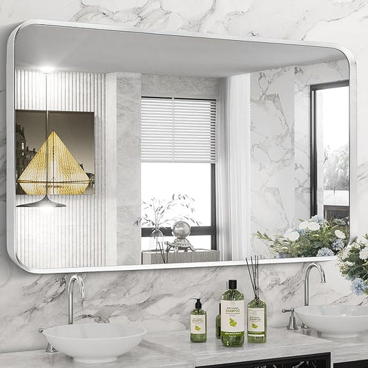 Brushed Nickel Bathroom Wall Mirror, Tempered Glass, Shatter Proof, Hangs