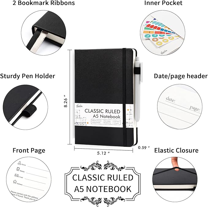 feela 3 Pack Notebooks Journals Bulk with 3 Black Pens, A5 Hardcover Notebook Classic Ruled Lined Journal Set with Pen Holder for Work Business Journaling Note Taking, 120 GSM, 5.1”x8.3”, Black