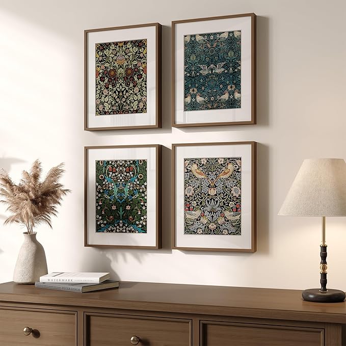 Framed William Morris Canvas Wall Art, 4 Piece Vintage Botanical Floral Bird