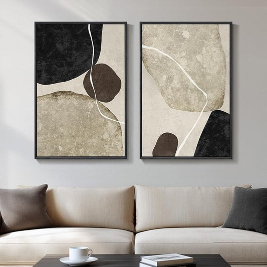 Framed Neutral Abstract Wall Art, 2 Piece Large Modern Black Beige Brown Canvas