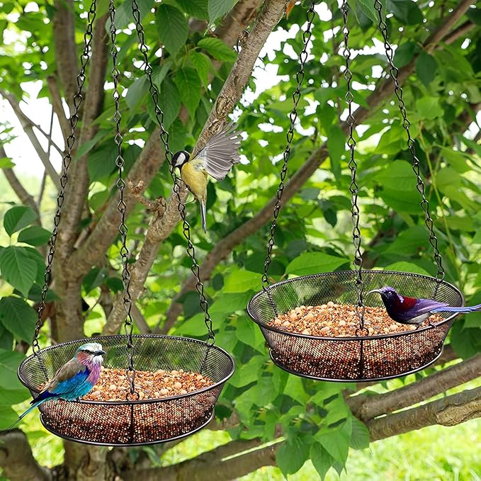 2 Pack Hanging Bird Feeder, Bird Feeder for Garden Yard Outside Hanging Feeder Tray - Metal Mesh Platform Feeders for Outside Outdoors for Attracting Birds