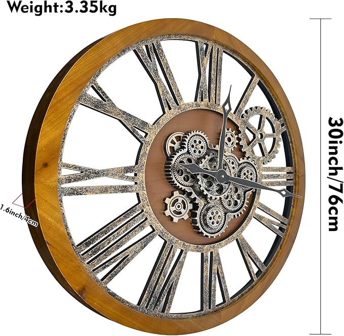 The B-Style Large Real Moving Gears Wall Clock 30 inch Rustic Retro Industrial
