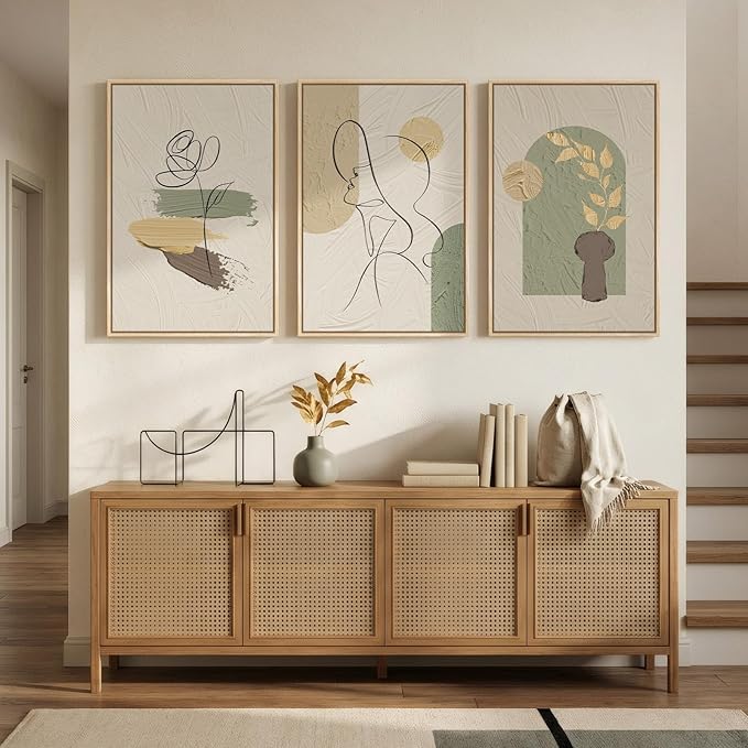 Framed Abstract Boho Wall Art for Living Room, 3 Piece Large Neutral Canvas