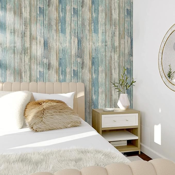 practicalWs 17.71''x 393.7''Blue Distressed Wood Wallpaper Self-Adhesive Peel