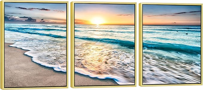 Wieco Art Framed Canvas Wall Art 3 Panel Blue Beach