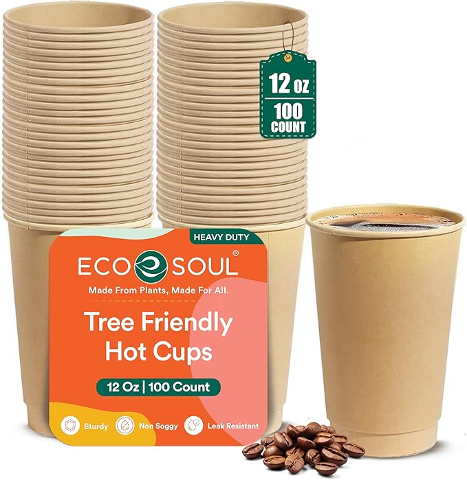 ECO SOUL 100 Pack 12 oz Disposable Coffee Cups Eco-Friendly, Biodegradable, Compostable, Leak-free & Sturdy To Go Hot Drink Travel Bagasse Cup for Tea, Chocolate, Party, Picnic & Cafe, Office & Home