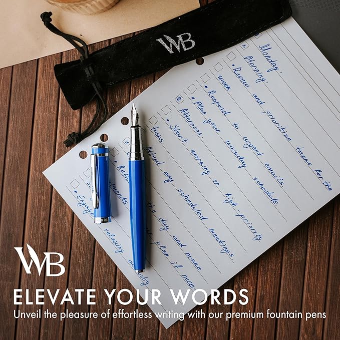 Wordsworth & Black Fountain Pen Set, Medium Nib, Includes 24 Pack Ink Cartridges, Ink Refill Converter & Gift Pouch, Chrome Finish, Calligraphy, [Imperial Blue], Perfect for Men & Women