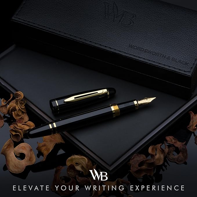 Wordsworth & Black Majesti Fountain Pen-(Black), Luxury Case, Gold Finish; 18K Gilded Medium Nib- Ink Cartridges, Refillable Ink Converter-Calligraphy Pen-Best Business Gift Set for Men & Women