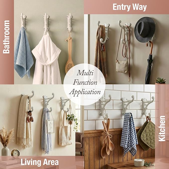 Rustic Cast Iron Coat Hooks Antique White, Wall Mounted, Farmhouse Decorative