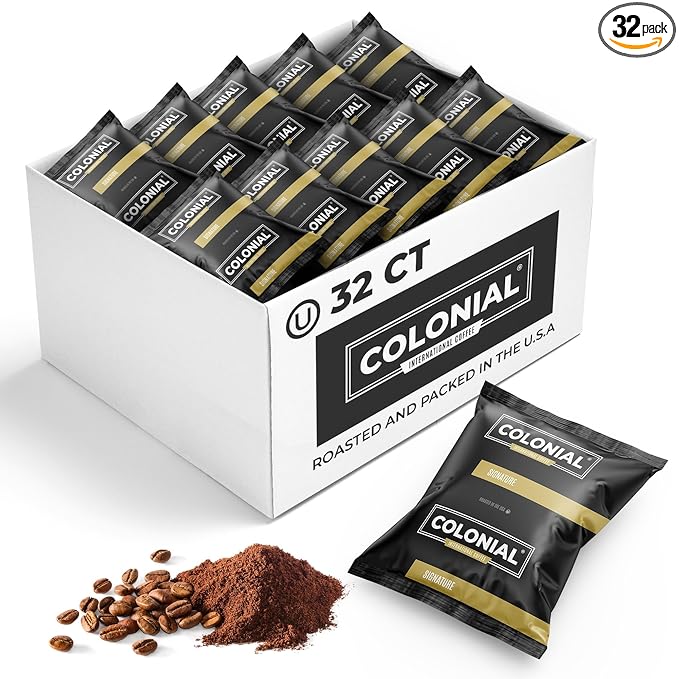Colonial Coffee 32 Count Single Pot Coffee Packets – 100% Arabica Breakfast Blend Medium Roast | Pre-Measured Frac Packs for 12 Cup Maker | Bulk Ground Gourmet Coffee for Home & Office