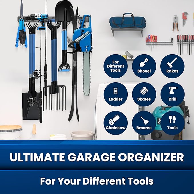 48'' All-Metal Garage Tool Organizer Wall Mount Heavy-Duty Tool Rack Holds 450 lbs, Adjustable Hooks for Garage, Yard, and Garden Equipment