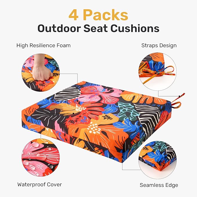 UNIKOME Outdoor Chair Cushions Pack of 4, Water Resistant Patio Cushions with Ties, High Density Sponge Filling Square Corner Seat Cushions for Outdoor Furniture, 18.5"*16"*3", Colored Flower