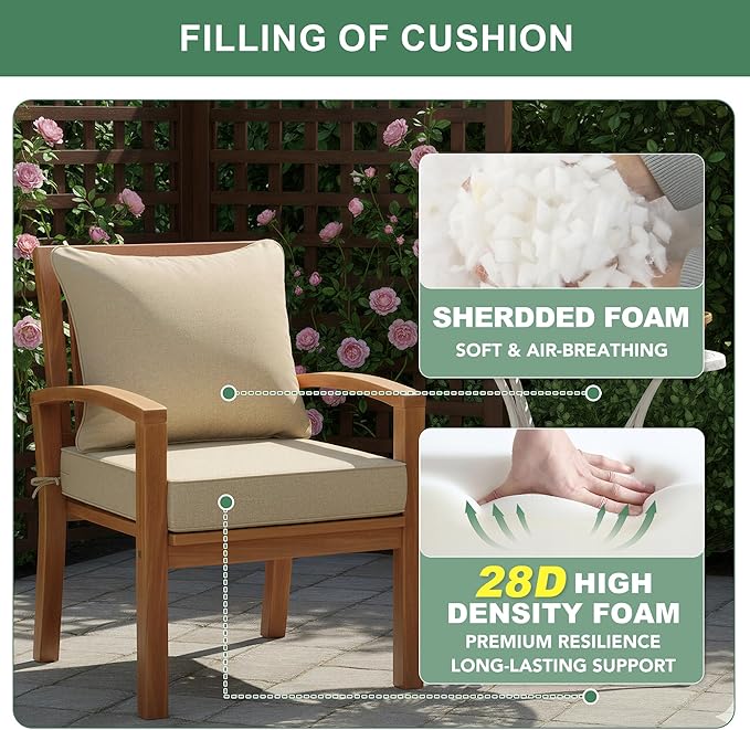 Summsun Outdoor Chair Cushions 19 x 19 Inch, Faux Linen Patio Furniture Cushions, Water Resistant Backrest and Seat Cushion Set with Ties, Removable Cover, Non-Slip Bottom, Nature