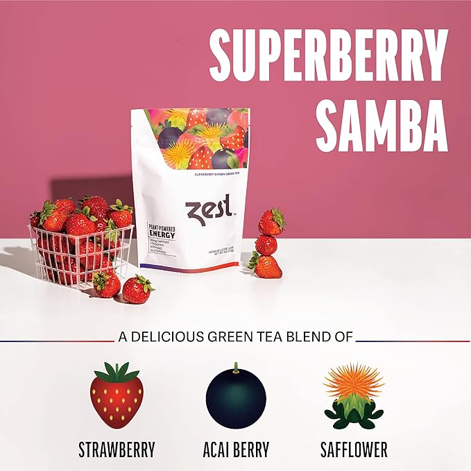 Zest Energy Green Tea - Superberry Samba Loose Leaf - High Caffeine Strawberry & Passion Fruit - Caffeinated Coffee Altnernative with Antioxidants - Natural, Non-GMO & Keto - 50 Servings - 135mg Caf