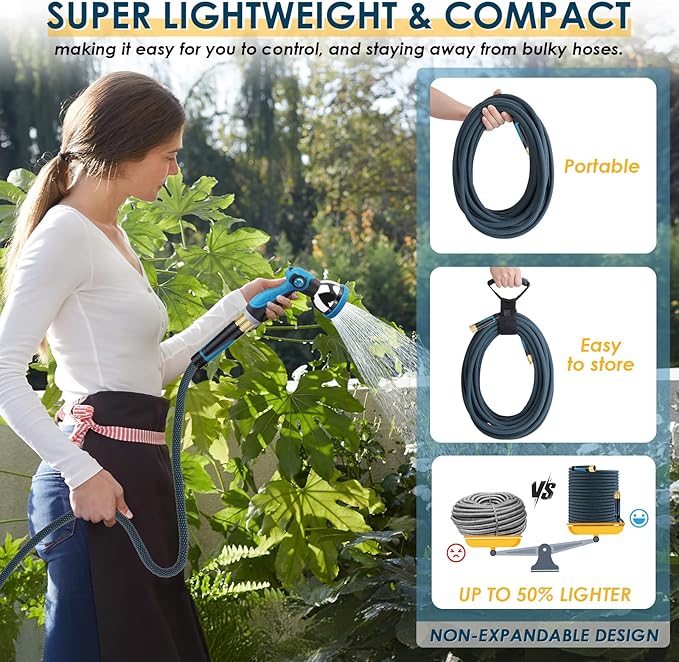 Non-Expandable Garden Hose 150 FT, Lightweight Hose with 10 Function Spray Nozzle, Kink-Free Flexible Water Hose, Durable, Leak-Proof, 360° Swivel Connectors, Portable Storage Strap
