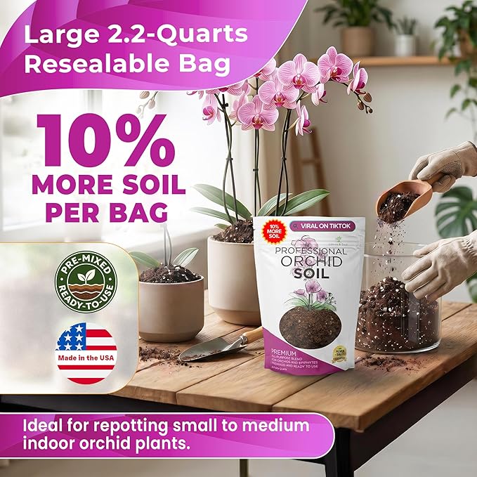 Professional Orchid Soil Mix Ready to Use Extra Large 8.2 Quarts, Premium Potting Soil for Orchids Bromeliads Epiphytic Plants, Fast Draining Blend Lava Calcined Clay Pinebark Made in USA