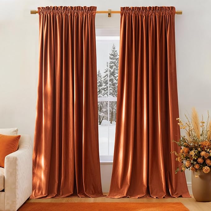 NICETOWN Orange Velvet Curtains 90 inch Long
