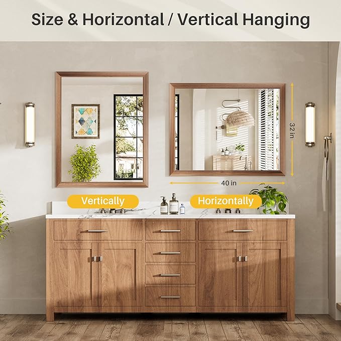 40x32 Inch Bathroom Mirror for Wall, Anti-Rust Walnut Wood Grain Metal Framed
