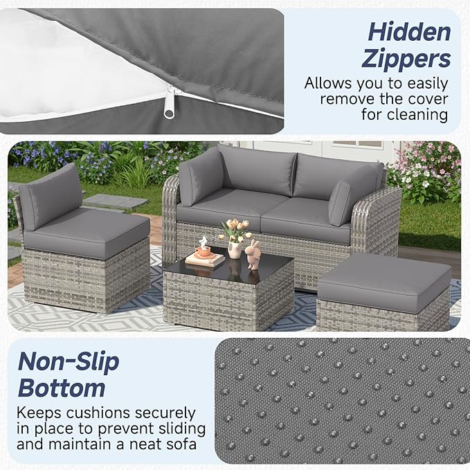 HOMREST Outdoor Couch Cushions 9-Piece Set – Water Repellent Patio Furniture Replacement Cushions for 4-Seat Rattan Wicker Sectional Conversation Set – Includes Seat & Back Cushions,Gray