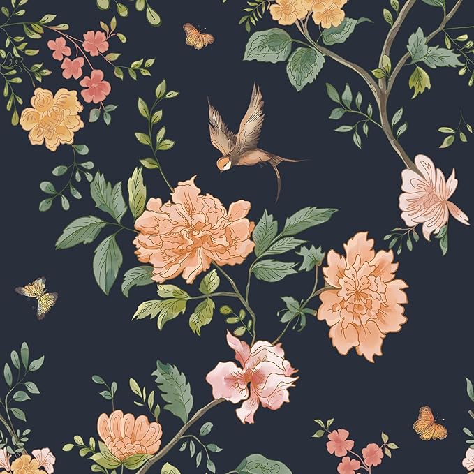 Froluya Dark Blue Floral Peel and Stick Wallpaper Vintage Floral Contact Paper