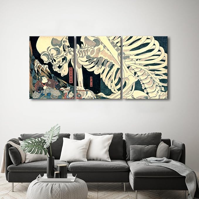 Wieco Art 3 Piece Witch and Skeleton Ukiyo-E by Utagawa Takiyasha Historic