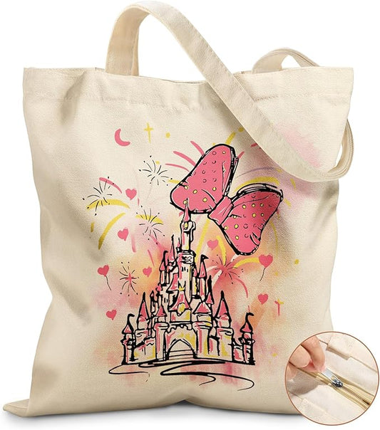 Miss Adola Canvas Tote Bag for Women â Aesthetic Canvas Bag with Zipper Cute Stylish Reusable Shoulder Totes for Shopping Work Daily Vacation, Bow Castle