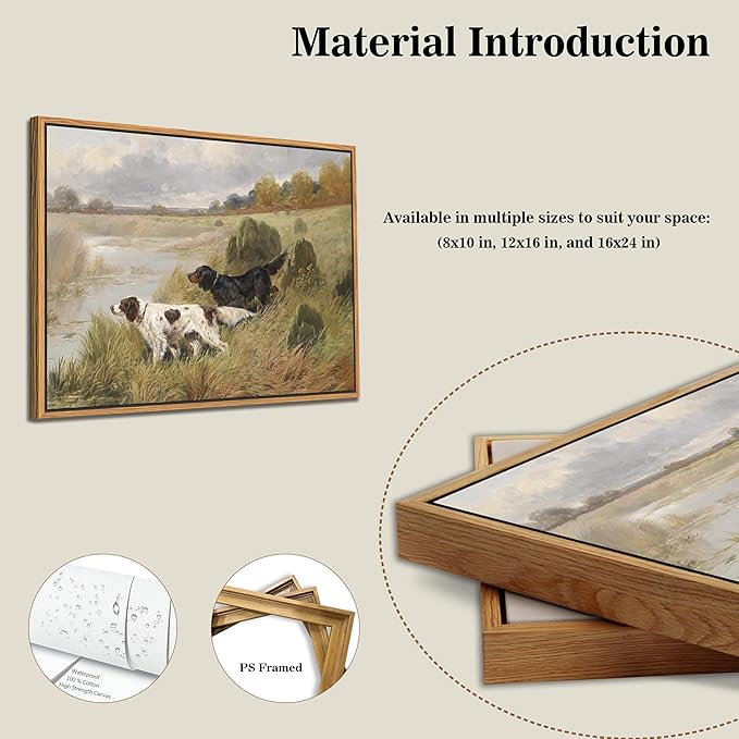 Floating Framed Vintage Hunting Dog Wall Art, Classic Countryside Landscape