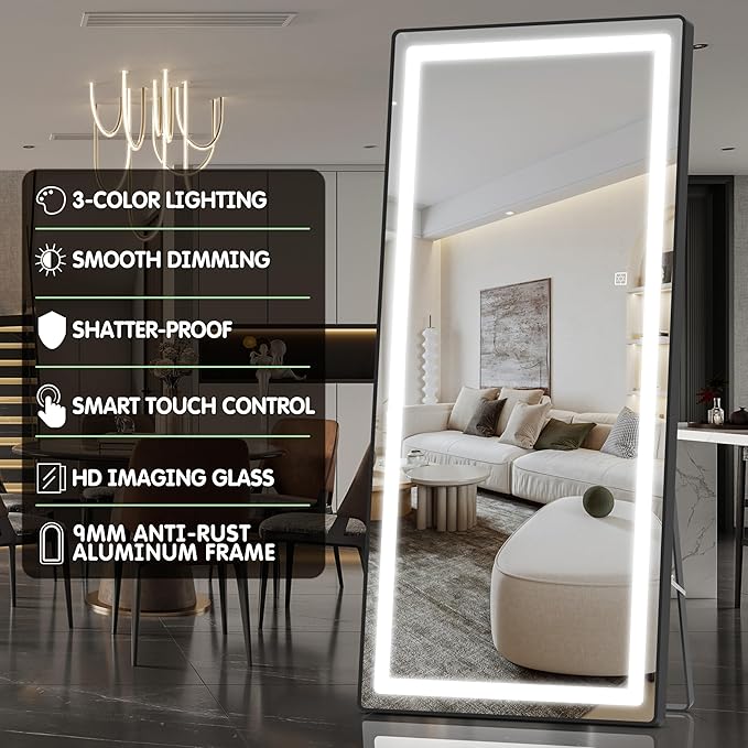 FENNIO Full Length Mirror with Lights, Wall Mounted Hanging Mirror with Lights