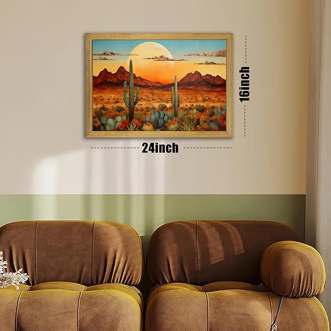 Framed Western Desert Sunset Cactus Wall Art, Vintage Southwest Nature