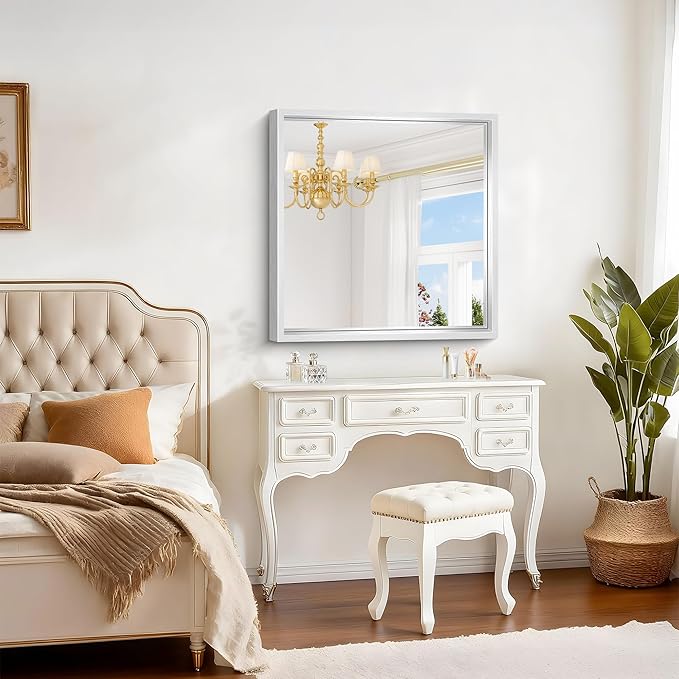 30 x 30 Silver Bathroom Mirror, Brushed Silver Square Mirror