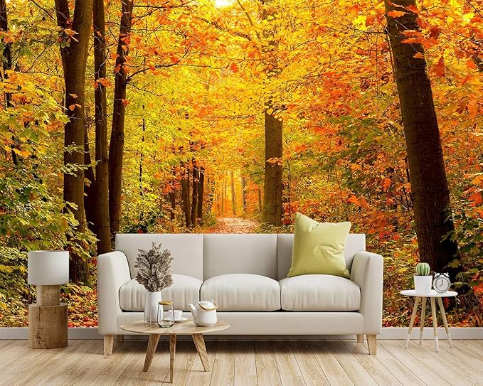 -Autumn Gold Forest Jungle Tree Fabric Wallpaper Living Room Bedroom Bathroom